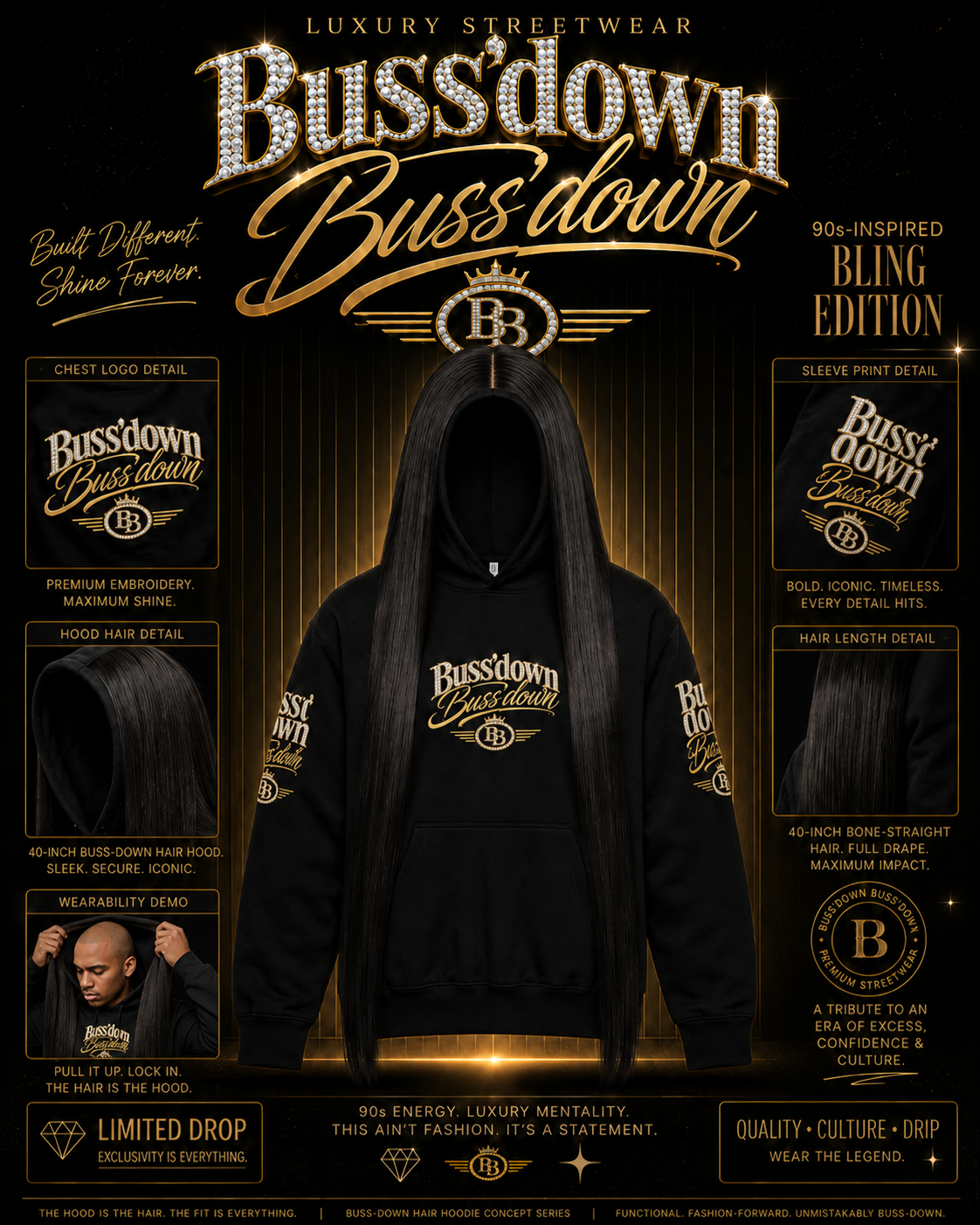 Buss'down Hair Hoodie with long black hair hood attachment